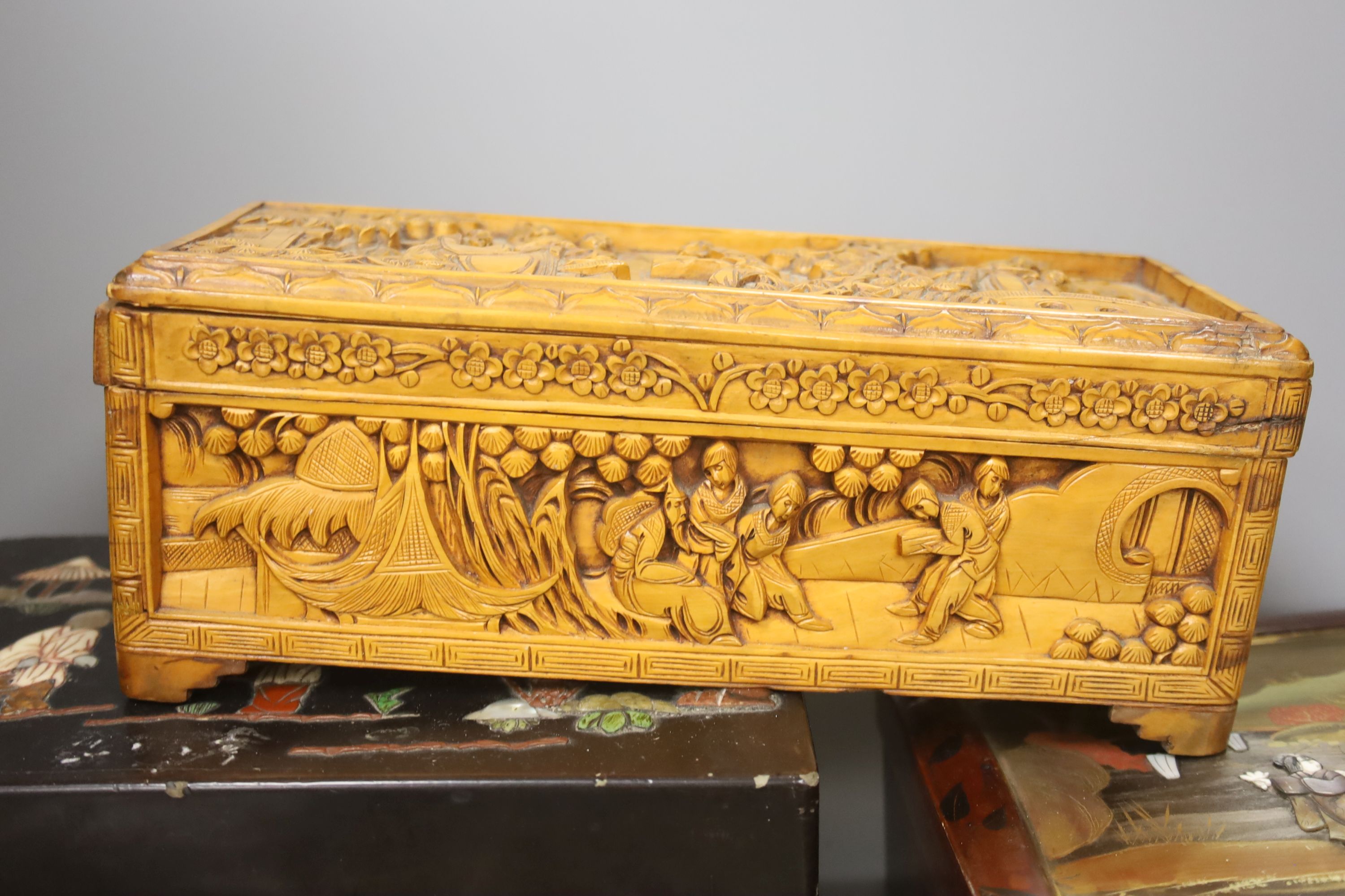 A collection of Chinese lacquered, carved hardwood and other boxes (11)